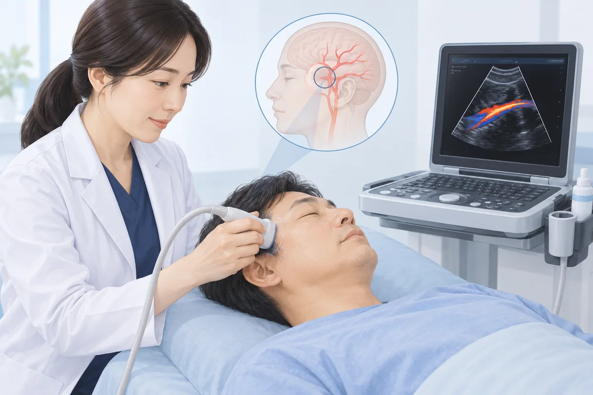 관자놀이 부위에 초음파 탐촉자를 대고 혈류 신호를 기록하는 모습