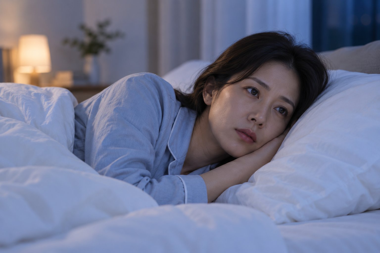 잠들기 어려워 밤에 깨어 있는 모습을 표현한 이미지
